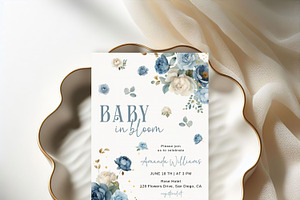 Navy Blue Floral Baby Shower Invite