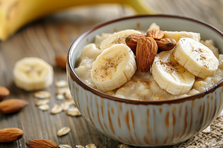A bowl of oatmeal topped with sliced, a Photo by Iftikhar Alam