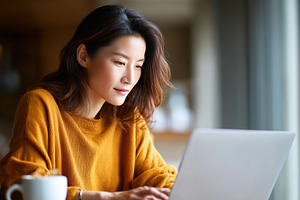 Asian woman in yellow sweater using, a Person Photo by MistyDay