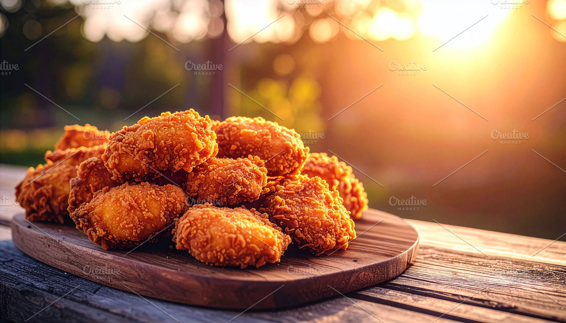 Crispy golden chicken nuggets on a rustic table in warm sunset light, a Food & Drink Photo by DutchDigitalDesign