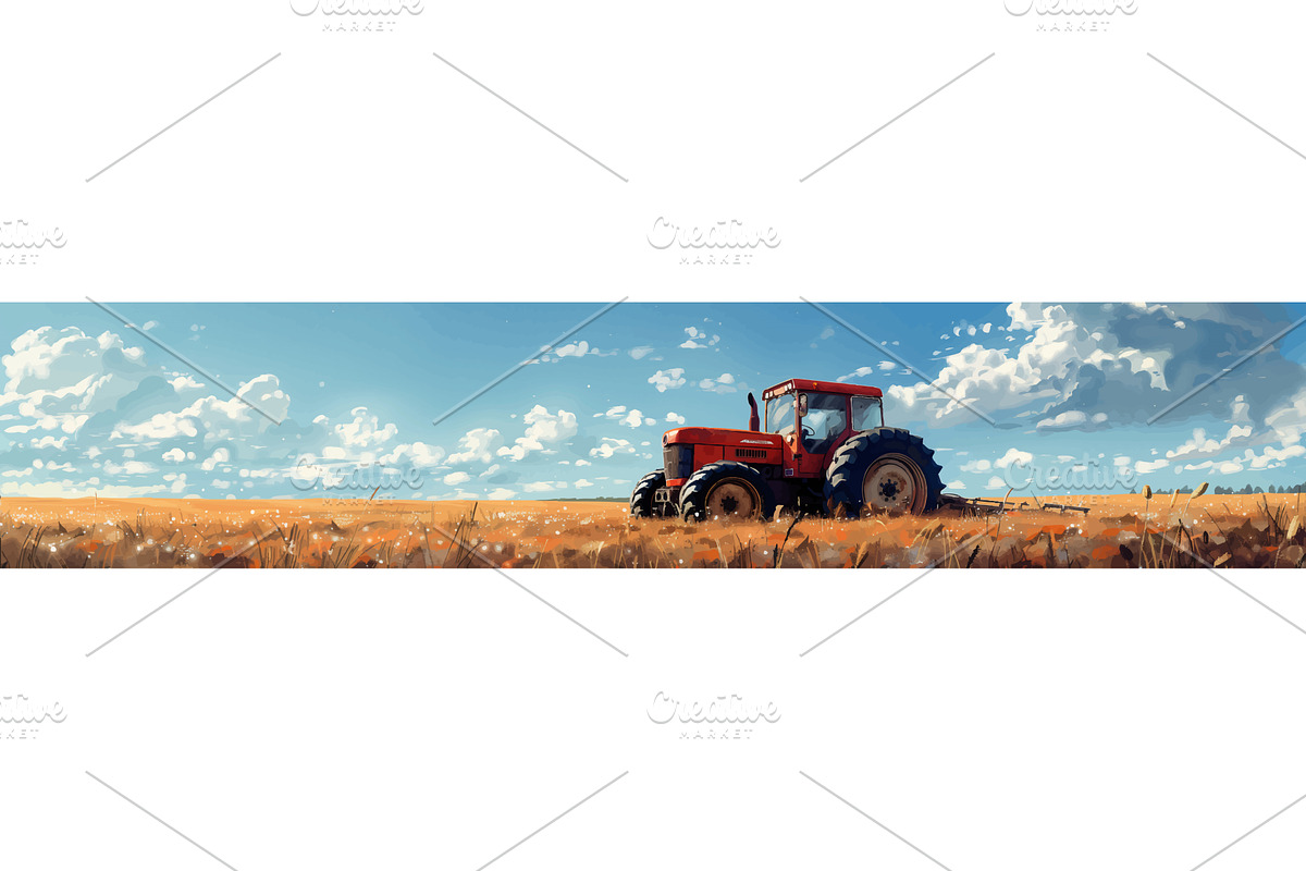 Red Tractor Working in Golden Wheat, an Illustration by AlexArt