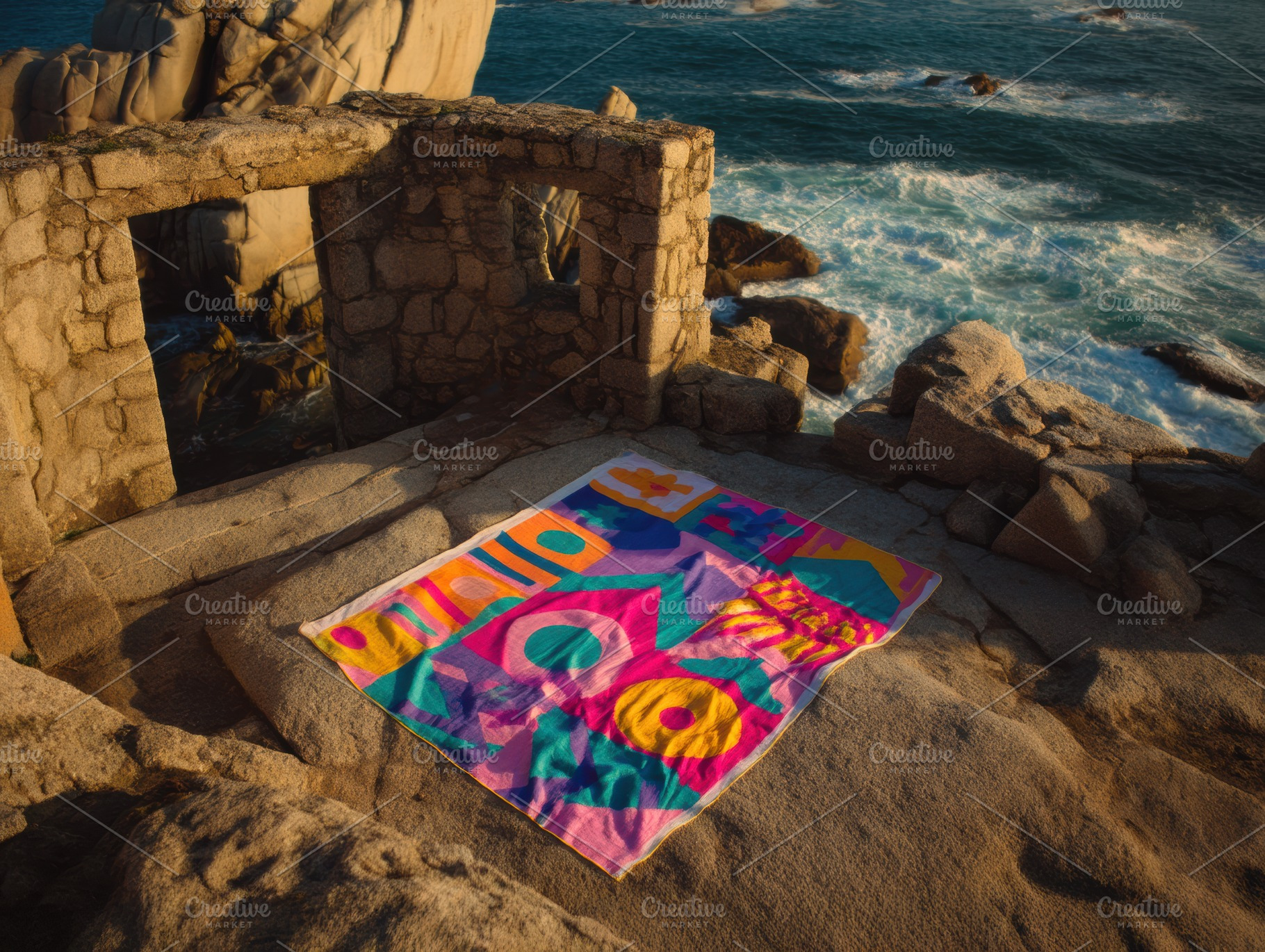 Beach towel on ruins by the sea, a Holiday Photo by Virgo Studio