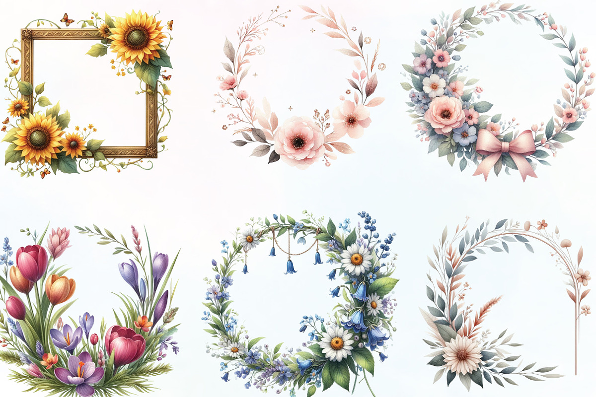Watercolor Floral Frame Clipart, an Illustration by CraftArtStudio (Photo 2 of 6)