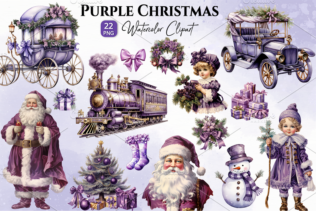 Purple Christmas Watercolor Clipart, a Decorative Illustration by danishgraphics (Photo 1 of 9)