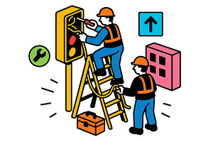 Workers repair a traffic light while, an Illustration by ZinetroN