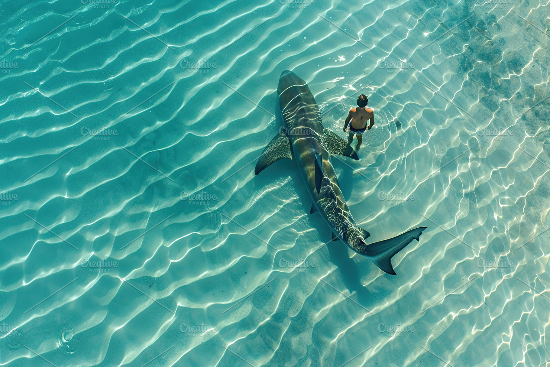 Aerial view of big blue shark swims in clean water near the human standing in t, an Animal Photo by AlyaAnd