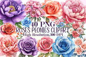 Watercolor Roses Peonies Clip Art PN, an Illustration by Sublimation Artist