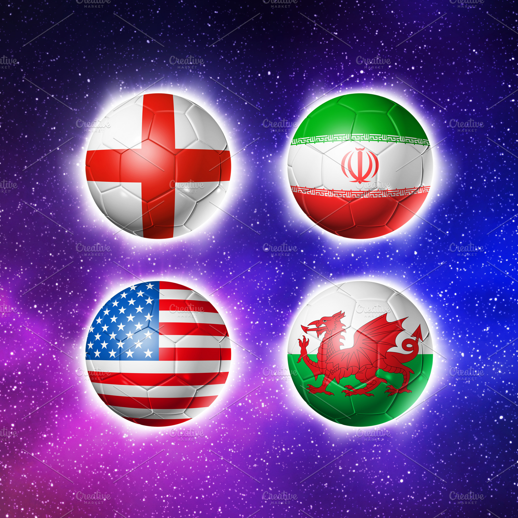Qatar football 2022 group B flags on soccer balls. 3D illustrati, a Sports & Recreation Photo by GoodGoods