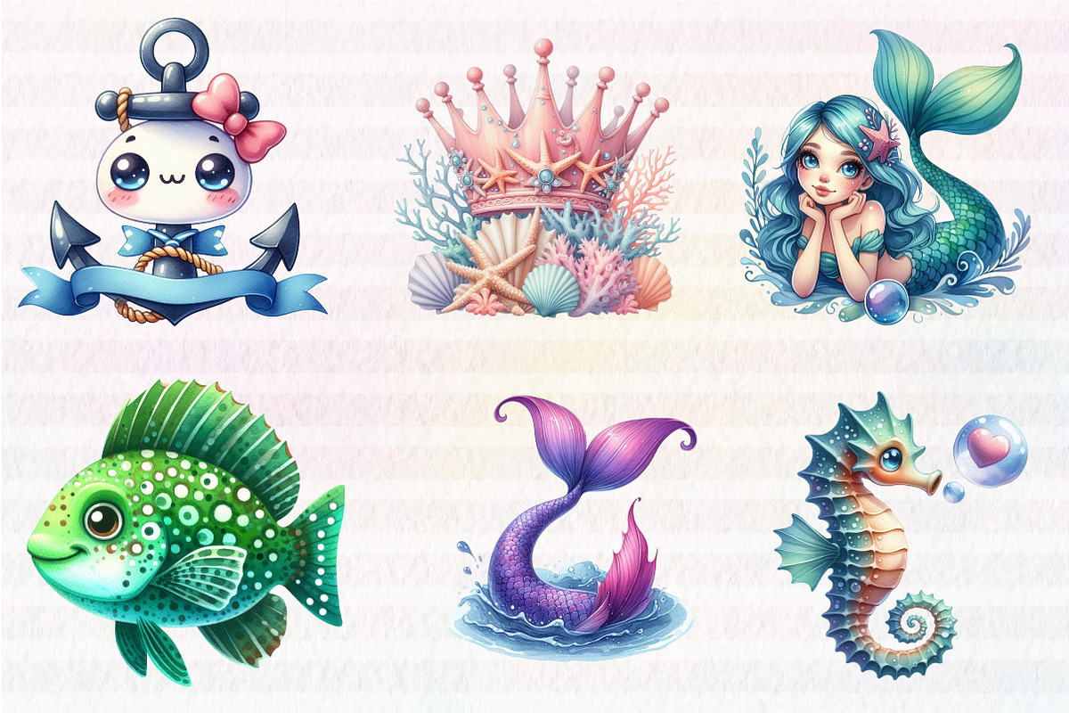 Kawaii Mermaid Clipart, an Illustration by CreationArt (Photo 3 of 5)