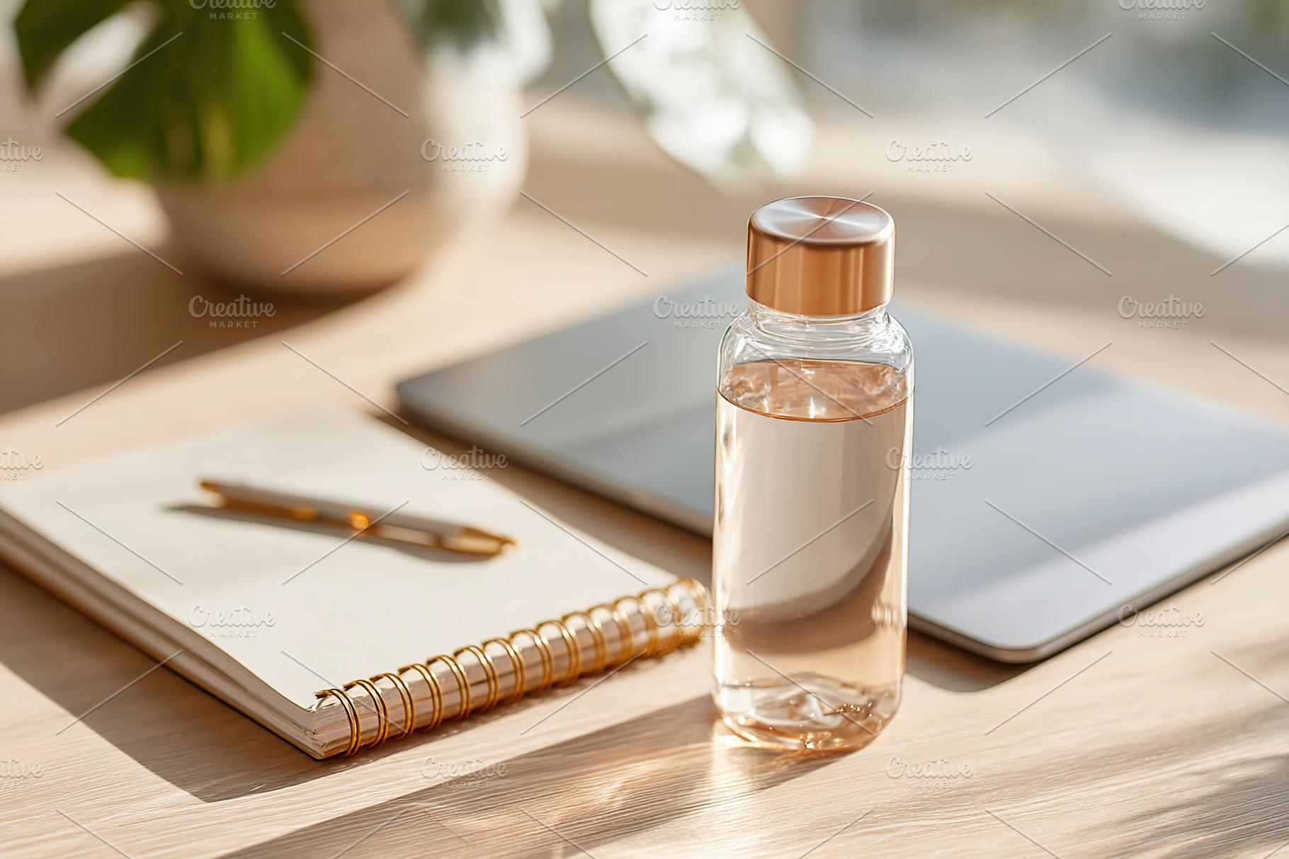 Organized work desk with a closed laptop, water bottle, and notepad in bright s, a Business Photo by AlyaAnd