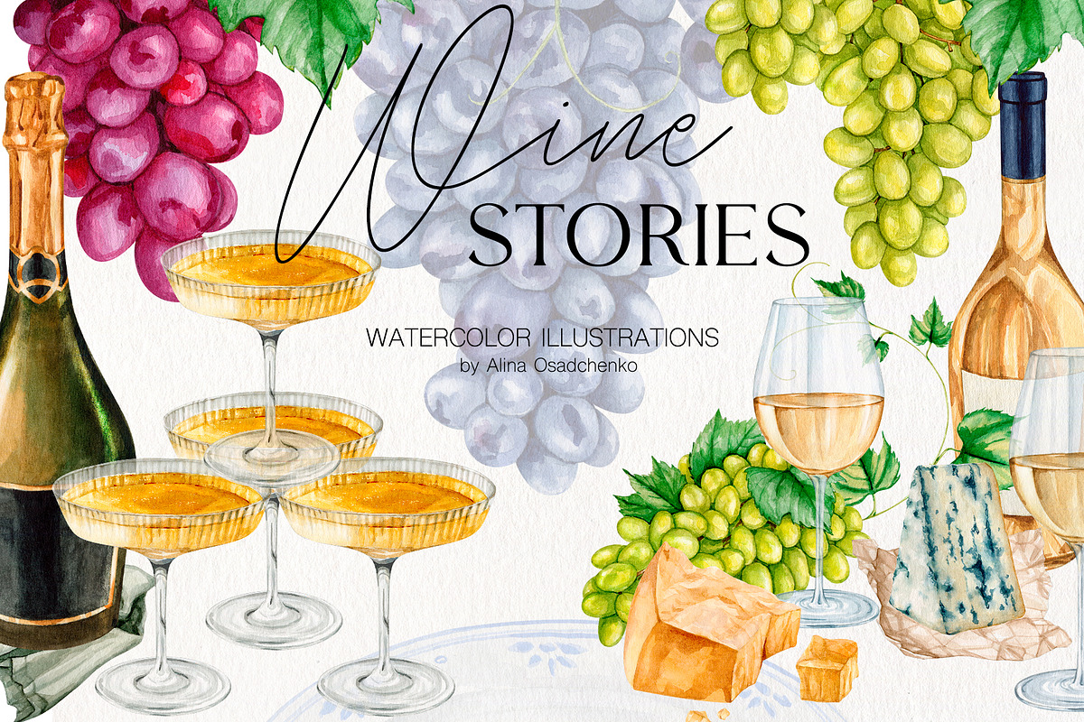 Wine Stories watercolor illustration, a Food Illustration by CrystalinaShop (Photo 1 of 11)
