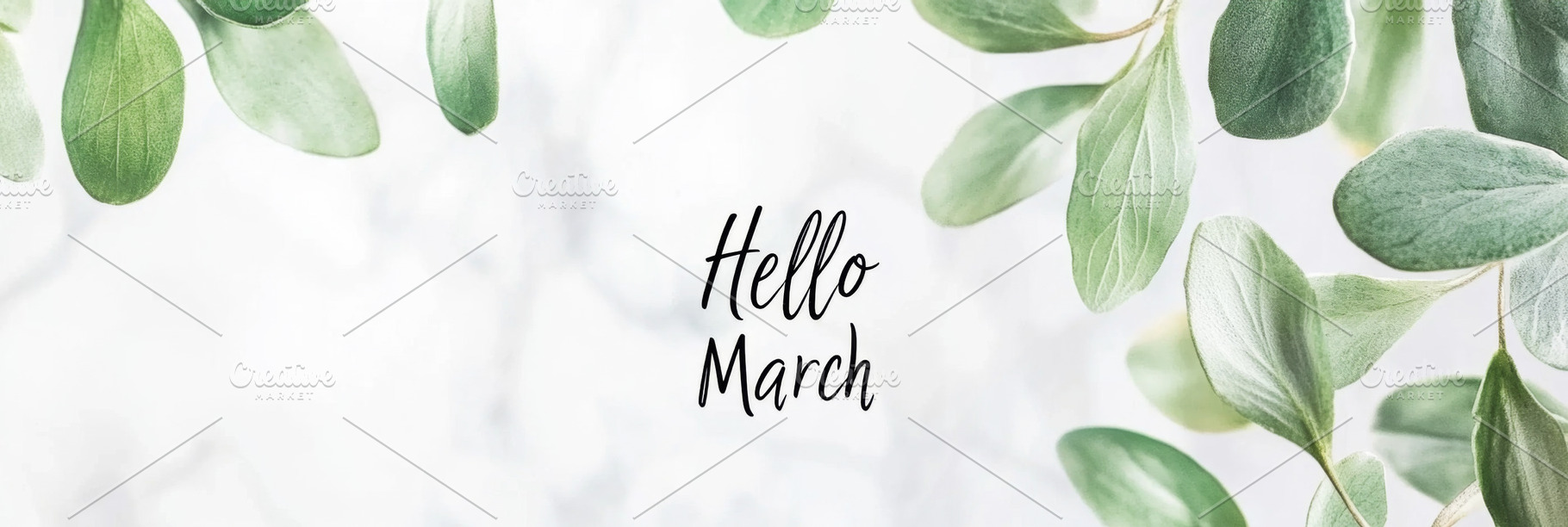 Hello march greeting with green leaves surrounding text on light, a Photo by Dvoevnore photos