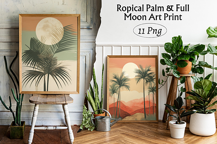 Ropical Palm & Full Moon Art Print