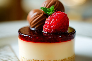 Dessert on a plate, a cheesecake with raspberry topping, fresh r, a Photo by Studio ANNA