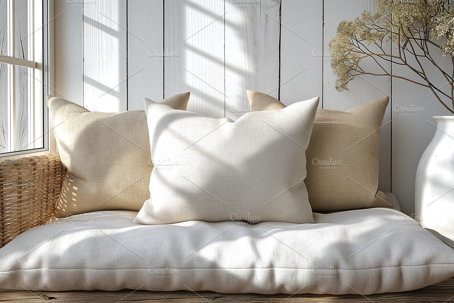 Cozy living space with soft beige pillows on a rustic bench, bathed in warm sun, a Business Photo by ImageMir