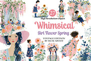 Whimsical Girl Flower Spring Clipart, an Illustration by DreamArtGraphic (Thumbnail 1 of 4)