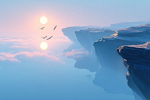 Stunning sunrise with two suns illuminating rocky cliffs above a tranquil sea o, a Photo by AlyaAnd