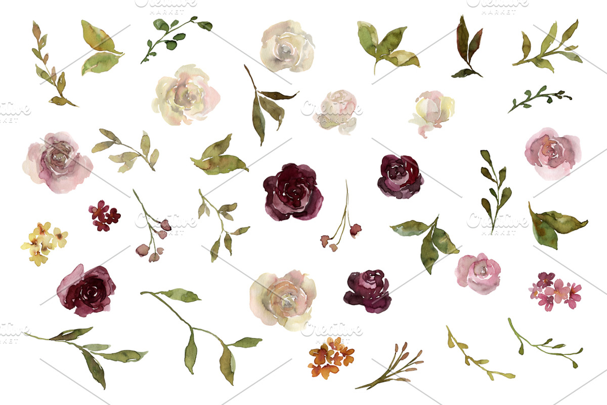 Watercolor Pink & Burgundy Flowers, an Illustration by GraphicsDish (Photo 2 of 5)