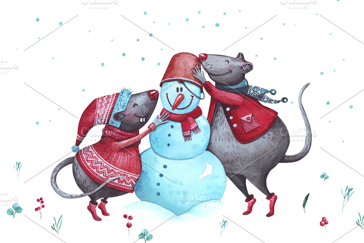 Christmas Mouse and flowers, an Illustration by YuliaBiser (Photo 4 of 11)