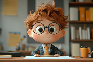 Young boy smiling while studying at, a Photo by Tanuart