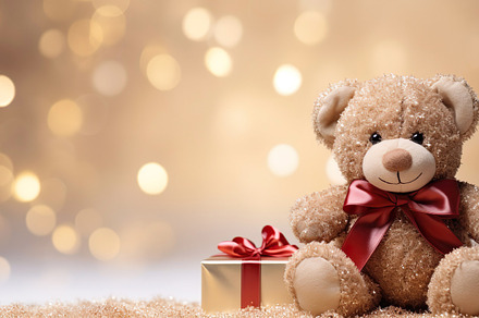 Cute Teddy Bear Toy with Gift Box in Soft Light, a Holiday Photo by Iconogenic