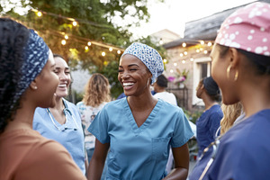 Group of healthcare professionals in blue scrubs smiling outdoor, a Photo by Dvoevnore photos