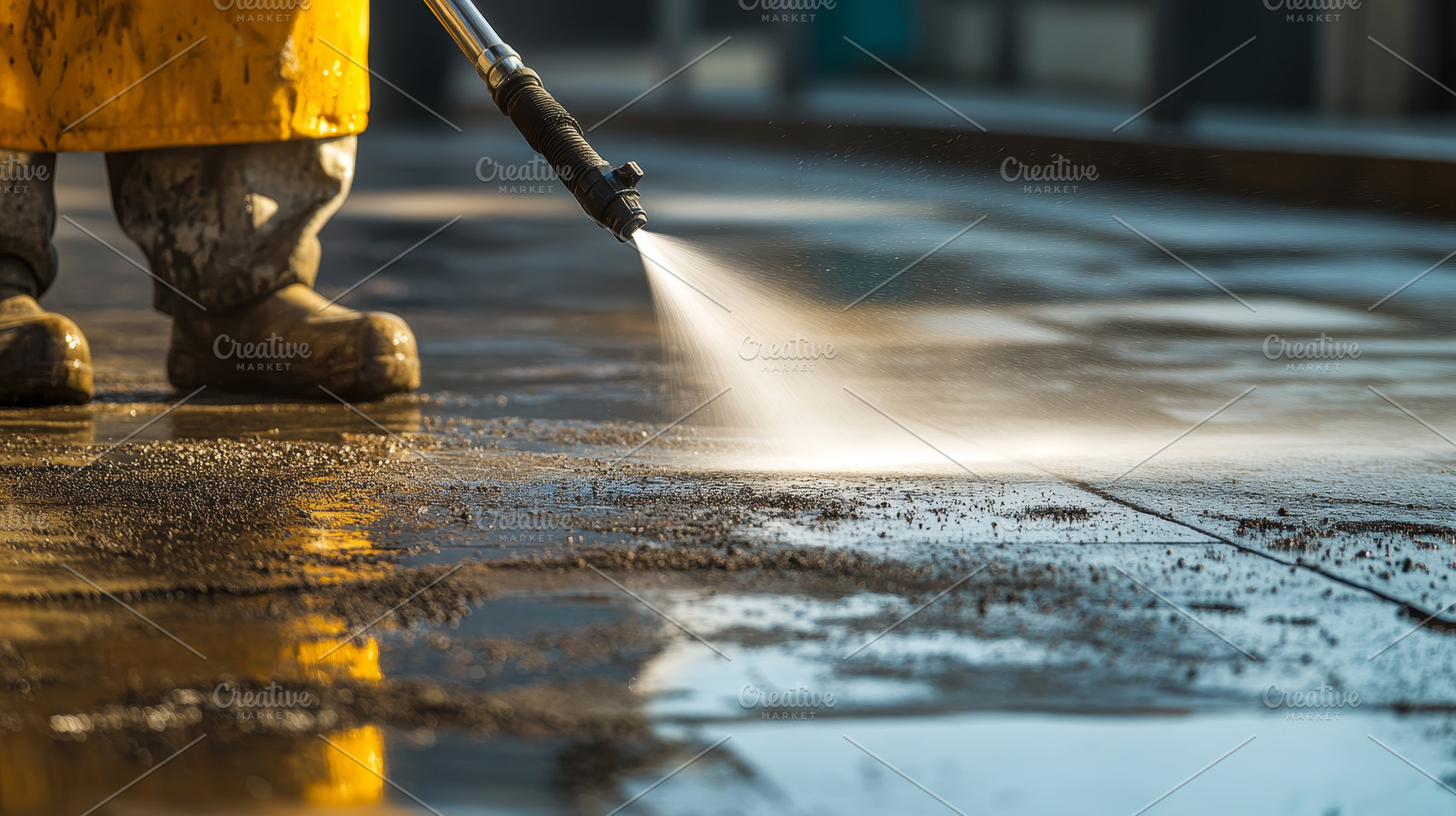 Pressure washer cleaning wet surface at sunset, an Abstract Photo by Natalia Klenova's Shop