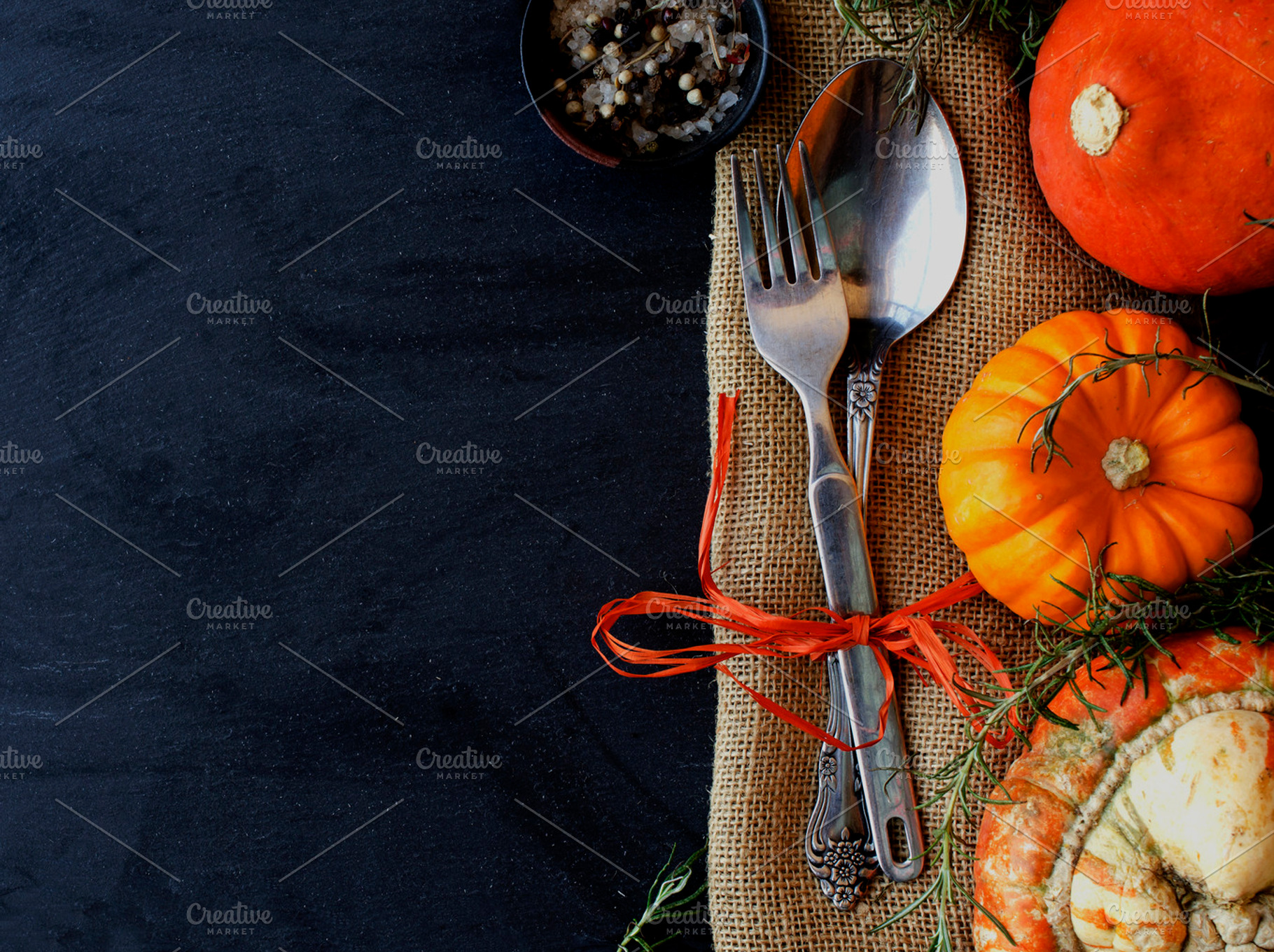 Seasonal wooden table setting with small pumpkins containing table, a Food & Drink Photo by Wild Drago Shop