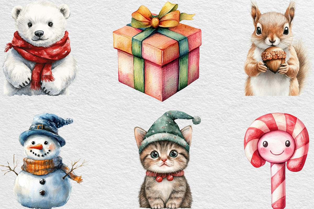 Watercolor Cute Christmas Clipart, an Illustration by Black Bird Studio (Photo 5 of 6)