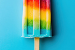 Cream popsicle featuring vibrant rainbow colors on a bright blue backdrop, a Food & Drink Photo by AlyaAnd