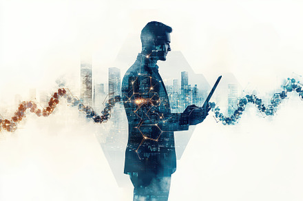Businessman working laptop futuristi, a Background Photo by Pixeness