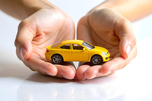 Yellow Toy Car Protected in Human Ha, a Business Photo by Stock Shape