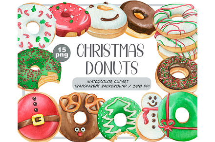 Watercolor Christmas donuts clipart, a Food Illustration by ArtfulStudio
