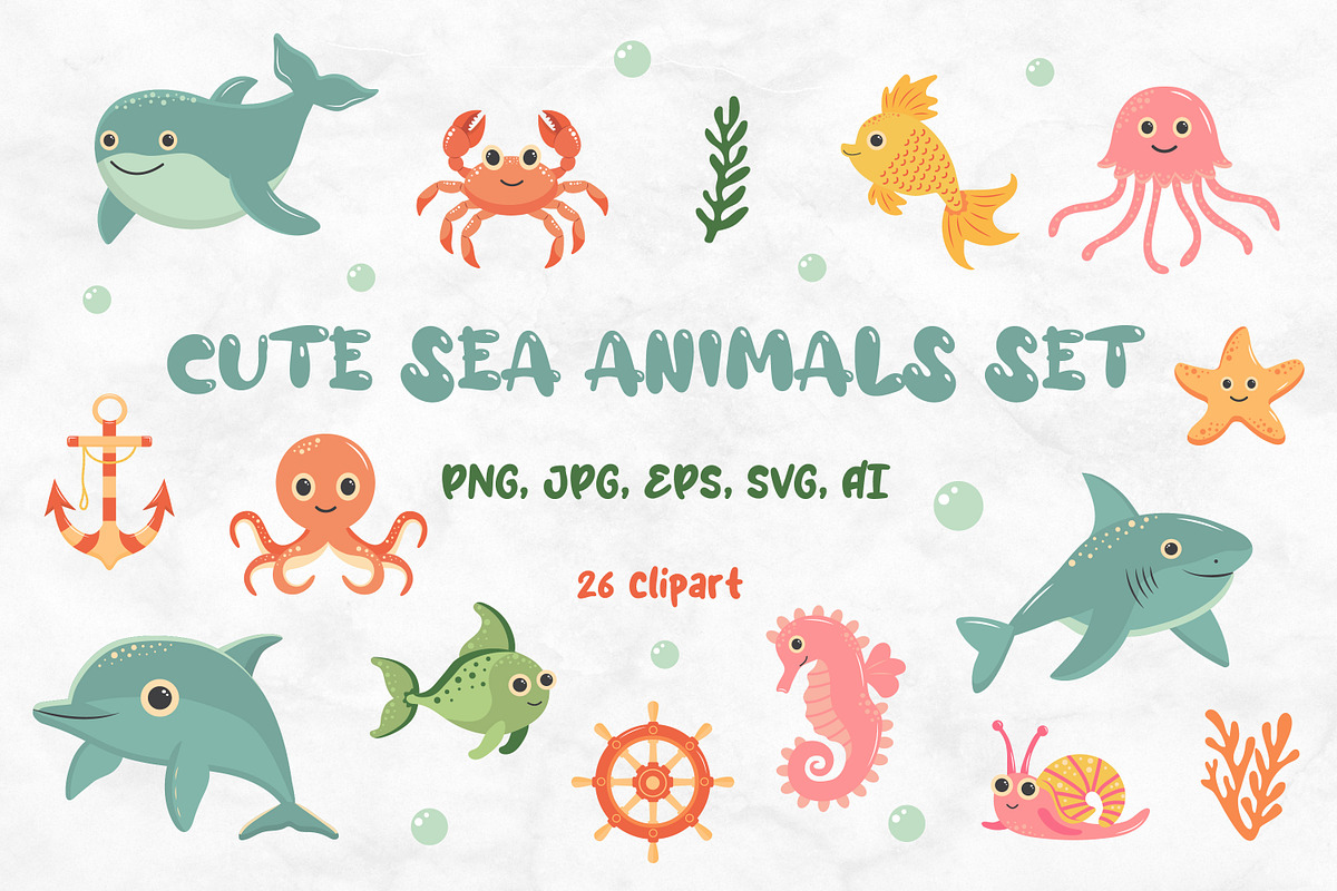 Cute sea animals set, an Animal Illustration by JulyGart (Photo 1 of 6)