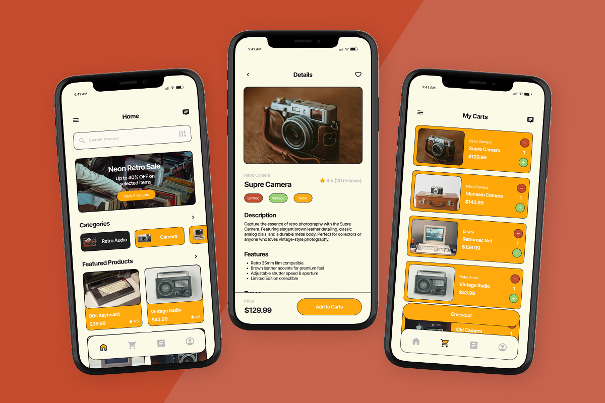 Retrome - Retro Tech E-commerce UI, an App Template by trabaskriya