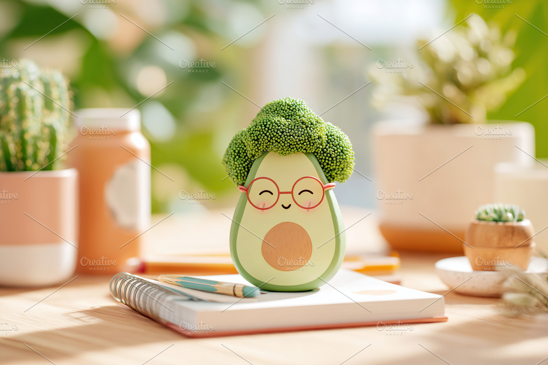 Cute green character with broccoli head and glasses on a desk surrounded by pla, a Photo by AlyaAnd