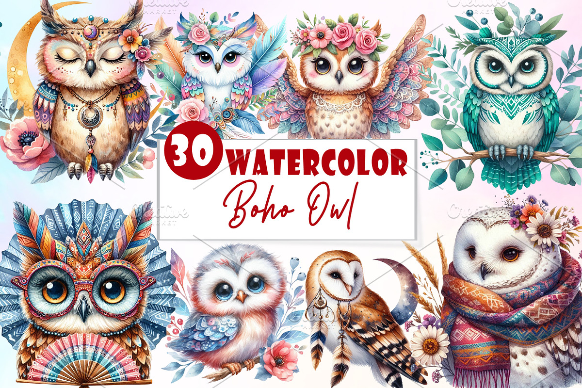 Boho Owl Sublimation Clipart, an Illustration by Watercolor design (Photo 1 of 5)