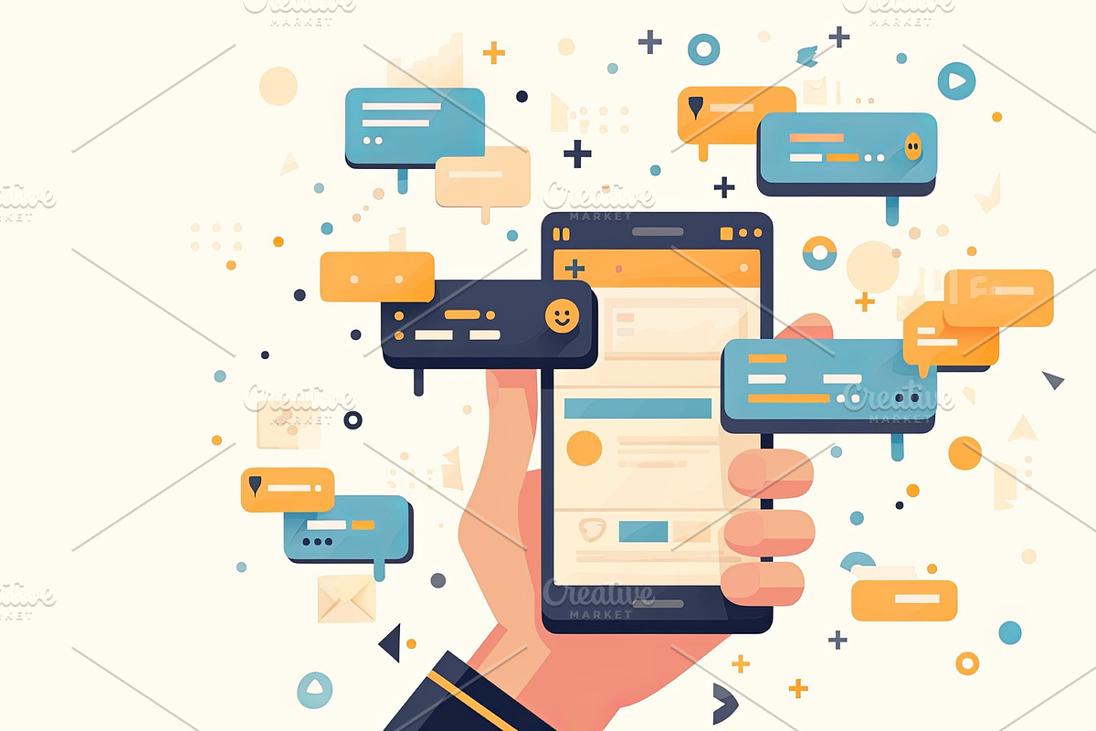 Hand holding smartphone with colorful social media and chat icons illustrations, an Illustration by AS photostudio