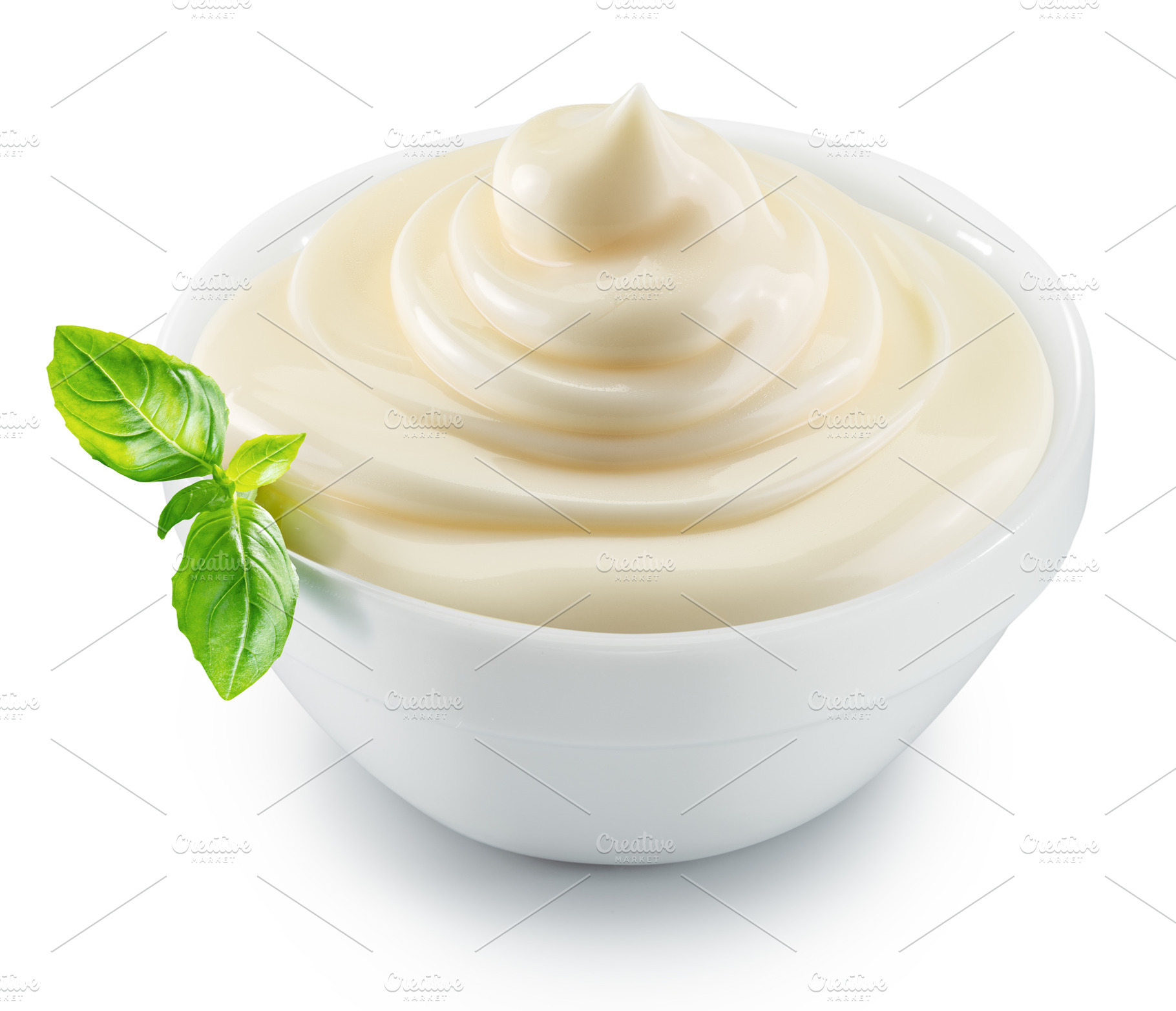 Homemade mayonnaise in a white bowl on white background. File co, a Food & Drink Photo by Volff