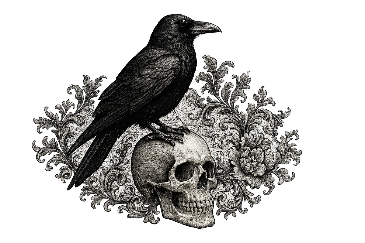 Halloween gothic raven perched on sk, an Illustration by Dvoevnore photos