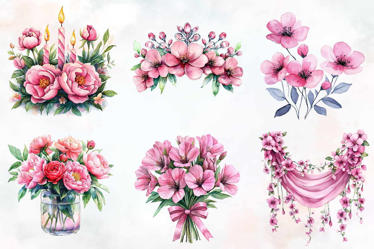 Pink Floral Birthday Watercolor Png, an Illustration by RobertsArt (Photo 6 of 7)