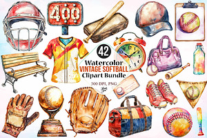 Watercolor Vintage Softball Clipart, a Seasonal Illustration by Canvas Craft