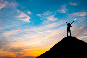 Silhouette woman on top hill in sune containing experience, success, and