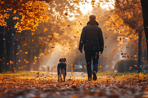 A man and his dog walk among autumn, an Animal Photo by Pixeness Studio
