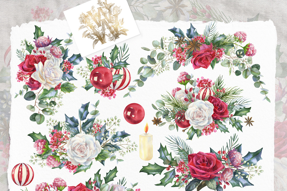 Watercolor floral Christmas pack, a Decorative Illustration by WonderWonder (Photo 3 of 20)