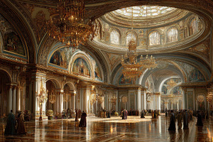 Large hall with golden chandeliers, a Photo by Pavel_design