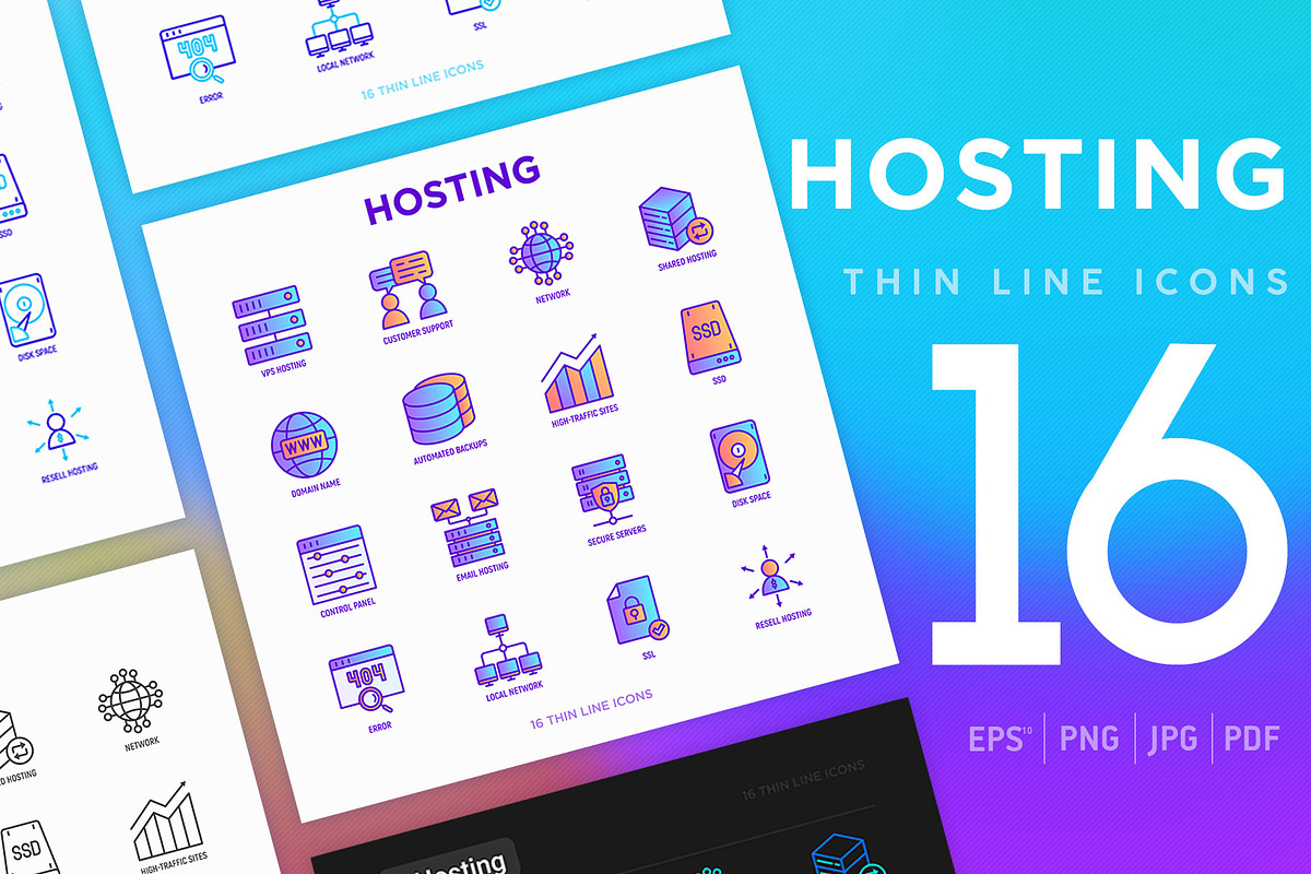 Hosting | 16 Thin Line Icons Set, an Outline Icon by Alex Blogoodf (Photo 1 of 11)