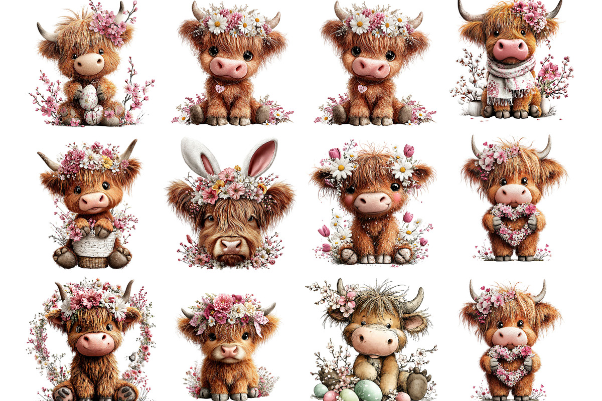 Highland Cow Easter Floral Clipart, an Illustration by Designking (Photo 3 of 5)