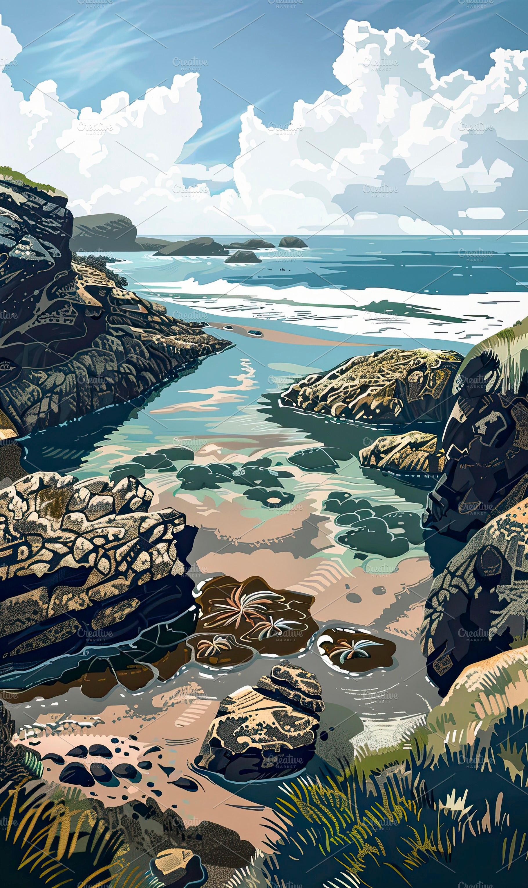 Illustration of a tranquil coast wit, a Photo by LOGOCREATIVE