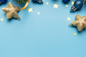 Christmas holiday border design with blue ornaments and stars, a Holiday Photo by Olena Rudo